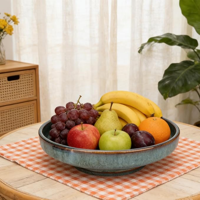 10.24" Blue Ceramic Pedestal Fruit Bowl Large Footed Serving Display Bowl