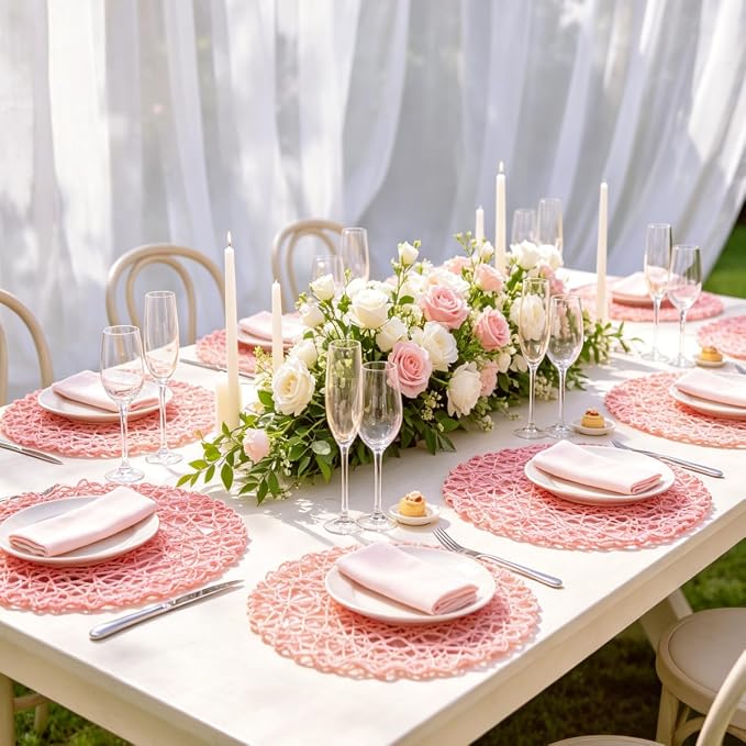 IcosaMro Pink Round Placemats Set of 12 for Dining Table, 13 Inches Paper Woven Boho Small Decorative Circle Place Mat for Wedding Christmas Thanksgiving Day Holiday Dinner, Pink