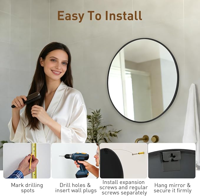 DUMOS 20 Inch Round Wall Mirror, Bathroom Mirror, Black | Metal Frame, Tempered Glass & Anti Rust Metal Frame, Decor for Bathroom Vanity Bedroom Entryway