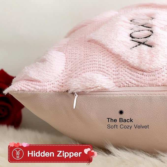 Artscope Valentines Pillow Covers 18x18 Set of 2 Decorative Love Heart XOXO Valentine's Day Throw Pillow Cases Soft Plush Faux Fur Couch Cushion Case for Holiday Sofa Bed Room Home Decor-Pink XOXO