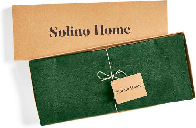 Solino Home 100% Pure Linen Table Runner Pine Green Woven, Fete 14 x 60 in | brings a tailored look to family meals and hosting, European flax fibres, effortlessly elegant, soft, OEKO-TEX Certified