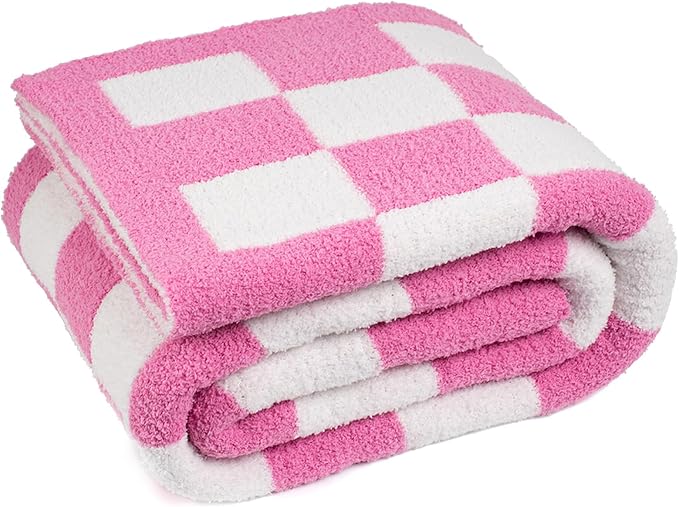 Carriediosa Checkered Throw Blanket 60x80, 400GSM Ultra Soft Microfiber | Hot Pink, Fuzzy Fluffy Cozy Plush Knit Knitted Plaid Checker, Lightweight Cute Preppy Fall Blankets & Throws for Couch, Bed