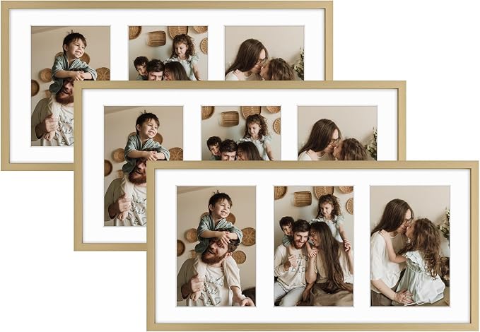 Golden State Art 7x14 Collage Frame w/Mat for 3 4x6 Photos Gold 3 Pack