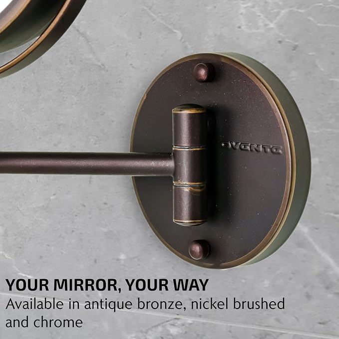 OVENTE 7" Wall Mounted Lighted Makeup Mirror, Antique Bronze MFW70ABZ1X7X | Cordless Double Sided 1X/7X Magnifying Mirror for Bathroom with LED Lights, 360° Rotation, Extendable Arm, Battery Operated