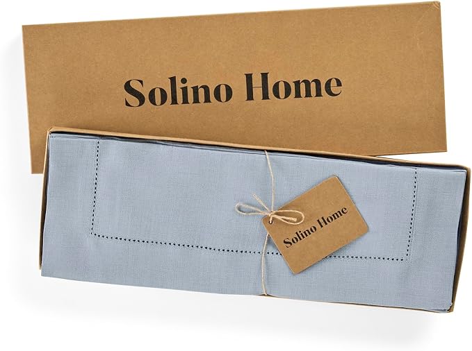 Solino Home 100% Pure Linen Table Runner Dusty Blue Hemstitch, 14 x 156 in | Classic Hemstitch, a graceful centrepiece for dining and gatherings, hemstitched border, mitered corners, OEKO-TEX Certified