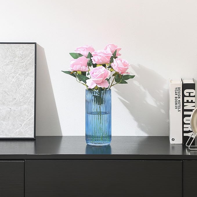 Ribbed Glass Vase, Blue Glass Vase for Bouquet, Modern Vases for Flowers, Ribbed Vases for Living Room, Bathroom, Dining Table, Office, Wedding, Centerpieces, 8 Inches