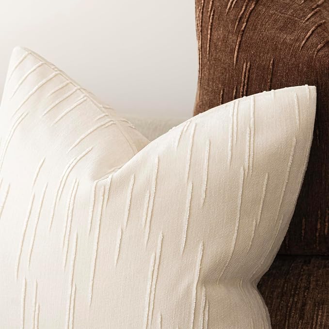 Foindtower Pack of 2 Slubby Textured Chenille Throw Decorative Pillow Covers Square Accent Solid Cushion Cover Cozy Farmhouse Pillow Case for Couch Sofa Bedroom Living Room 18x18 Inch,Cream White
