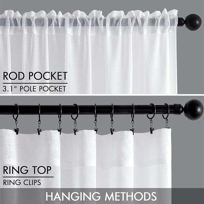 MIULEE Semi White Linen Textured Sheer Curtains 42W×72L Rod Pocket 2 Panels | Semi Transparent, Farmhouse, Window Net Panels with Rod Pocket for Bedroom Living Room