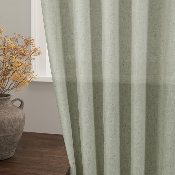 Sage Green Linen Curtains 63 Inches Length 2 Panels Set for Living Room Back Tab Pocket Light Filtering Semi Sheer Drapes Cotton Linen Textured Pale Green Window Curtain 52X63 Inches