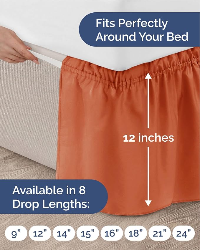 Wrap Around Dust Ruffle Bed Skirt - College Dorm Room - Twin/Twin XL | Terracotta, 12 Inch Drop, Elastic Strap & Adjustable Pleated Bedskirt, Wrinkle Free, for Women, Men, Students, Kids & Teens
