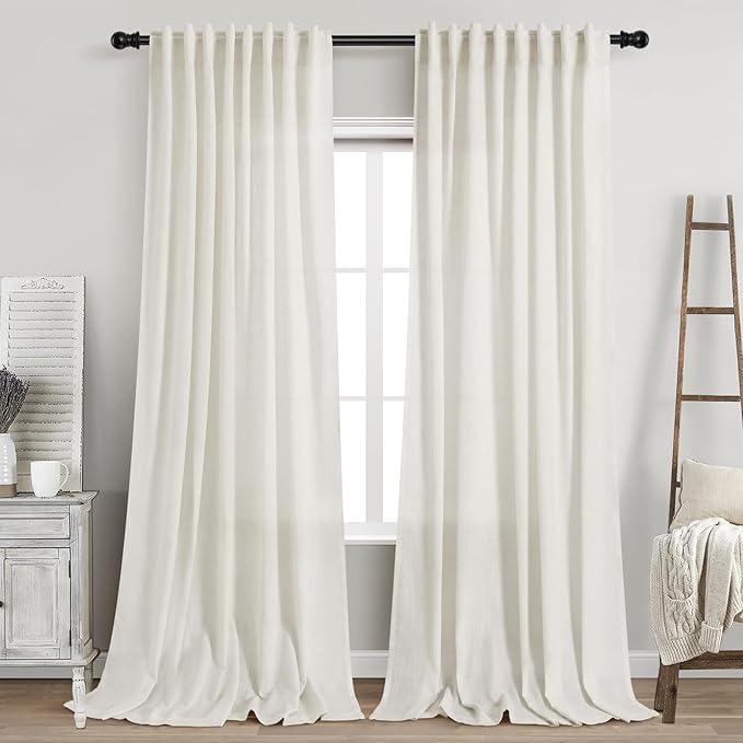 Cream Linen Curtains 96 Inch Semi Sheer Back Tab 60x96 2 Panels