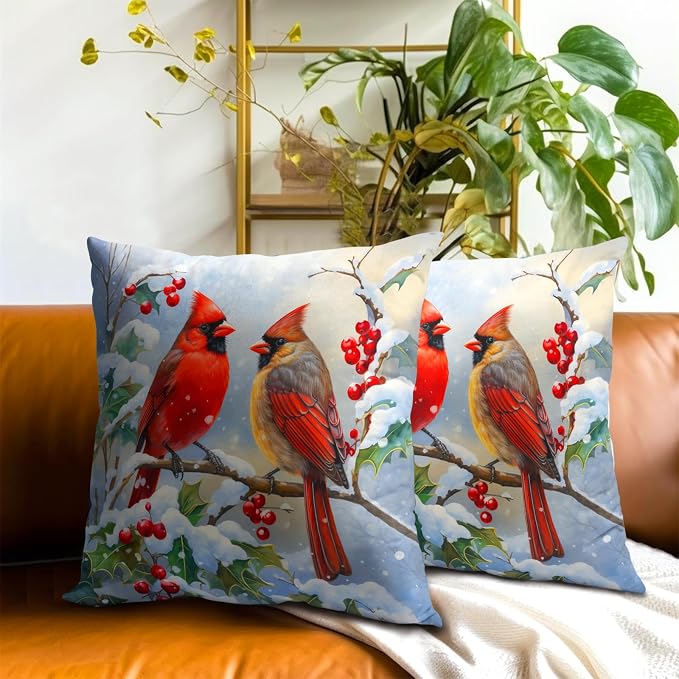 Winter Red Bird Throw Pillow Cover Set of 2 24x24 Inch Winter Christmas Pillowcase Nature Birds Scene Cushion Covers Farmhouse Pillow Protector for Home Bedroom Sofa