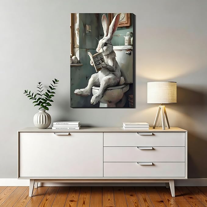 Whimsical Easter Bunny Reading on Toilet Canvas Art, Unique Framed Rabbit Wall Decor for Bathroom, Retro Easter Paintings Prints Pictures for Home Wall Decoration, 16x24 In