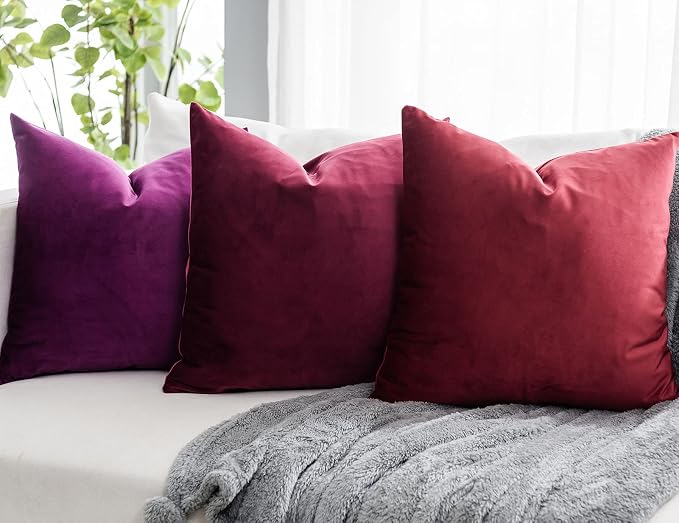 Red Wine Decorative Velvet Throw Pillow Covers 20x20 inch Set of 2 with Zipper Luxury Soft Solid Square Cushion Covers Case for Sofa Couch Bed Living Room