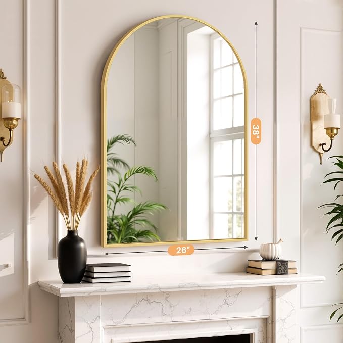 Bathroom Mirror for Wall, 38x26 Inch Arched Mirror, Matte Gold Metal Framed Bathroom Vanity Mirrors for Restroom Farmhouse, Anti-Rust, Tempered Glass, Hanging or Leaning