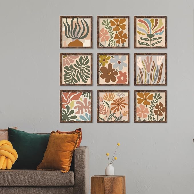 YESKAY 12x12 Picture Frame Set of 9, Photo Gallery Wall Frame Set, Display Pictures 8x8 with Mat or 12 x 12 Without Mat, Square Frame Picture Frames Collage Wall Decor, Rustic Brown