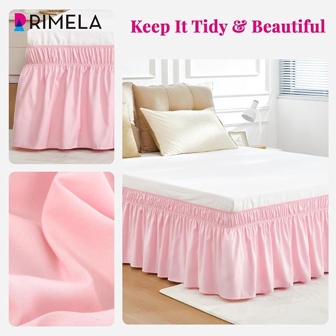 RIMELA Pink Bed Skirt Queen Size 18 Inch Drop, Elastic Bed Skirting for Bed Base and Frame, Bedding Dust Ruffle Easy to Install, Lightweight Wrap Around Adjustable Bedskirt | Solid Ruffled, Easy to Use, No Mattress Lifting, Wrinkle & Fade Resistant, wi...