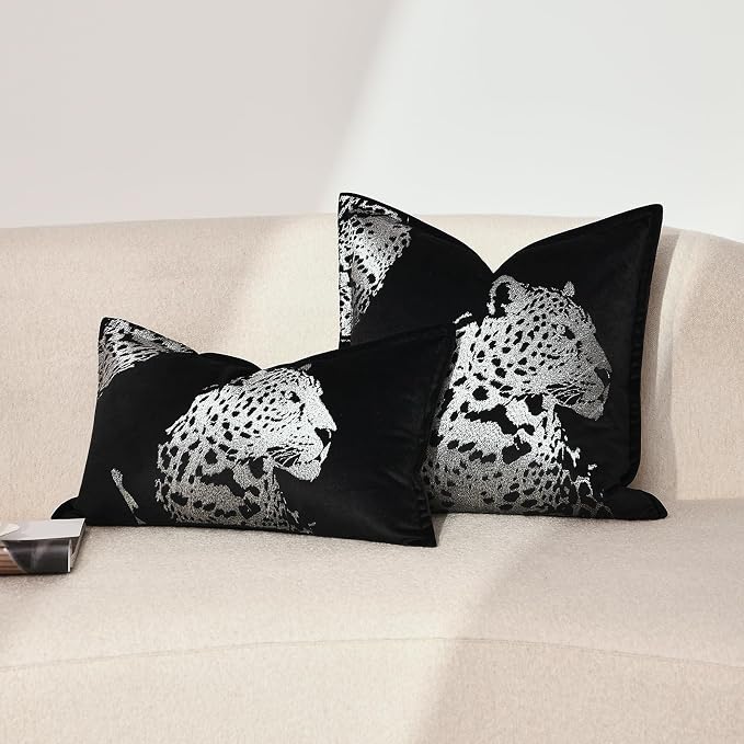 Velvet Throw Pillow Covers 18x18'' inches, New Upgrade Handmade Embroidered Cheetah Leopard Face Pillow Covers, Decorative Cushion Cover for Sofa Bed Living Room(Silver)