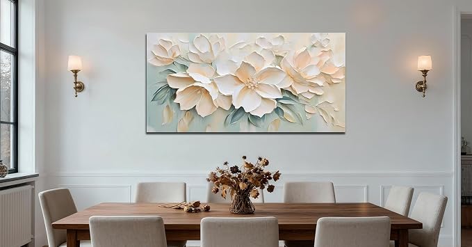 Anolyfi Large White Floral Canvas Wall Art for Living Room Bedroom 48"x24" | HD Print and Hand-painted Textured, Easy to Hang, Durable Colorfast, Modern Flowers Sage Paintings for Hallway Home Decor