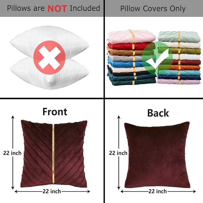 Velvet Throw Pillow Covers 22x22 inch Pack of 2 Gold Decor Burgundy
