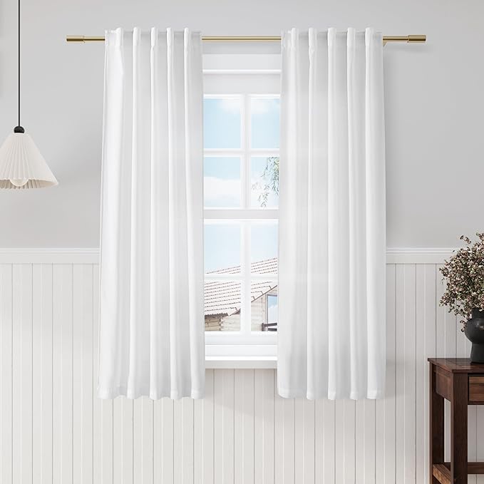 White Short Linen Curtains 60 inches Long 2 Panels Set Back Tab Rod Pocket Elegant Farmhouse Style Light Airy Semi Sheer Linen Curtains for Kitchen Bathroom Cafe Loft Room Decorative 52x60
