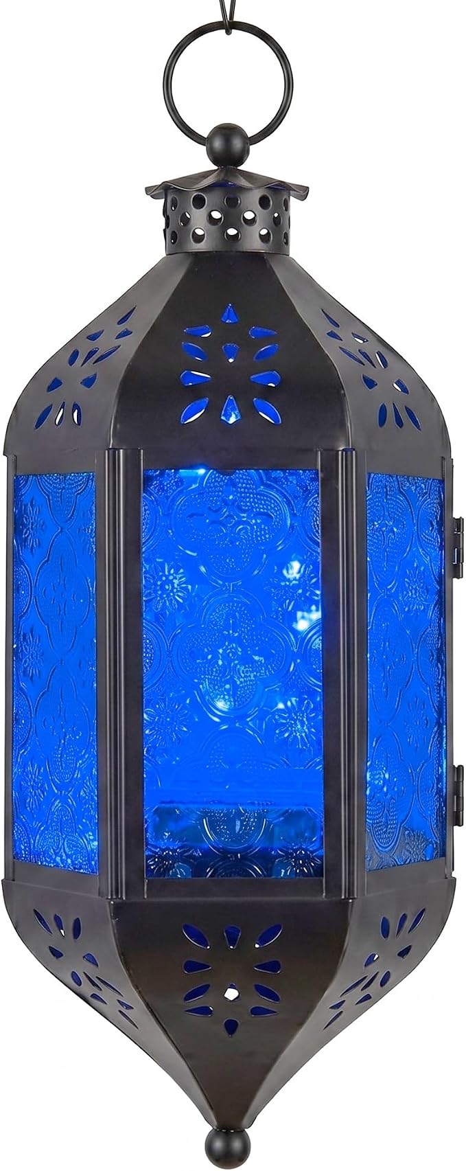 Vela Lanterns Hanging Moroccan Lantern with LED Twinkle Fairy Lights - Exotic Decorative Patio & Porch Decor, Indoor Outdoor Candle Lamp Holder with Chain (13" Large, Cobalt Blue Glass)
