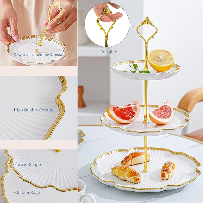 3 Tier Porcelain Serving Tray with Elegant Floral Gold Trim Embossed | Food Grade Tiered Cupcake Stand - Serving Stand for Parties Weddings Baby Showers