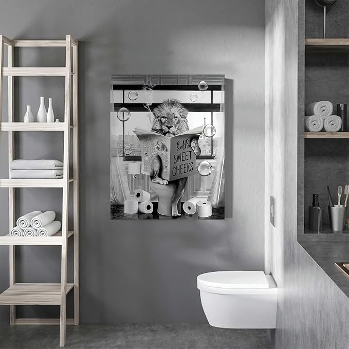 Funny Lion Wall Art Black and White Bathroom Print Farmhouse Bathroom Animals Wall Decor Lion Sitting in Toilet Reading Newspaper Painting Framed Artwork for Toilet 16x20 inch