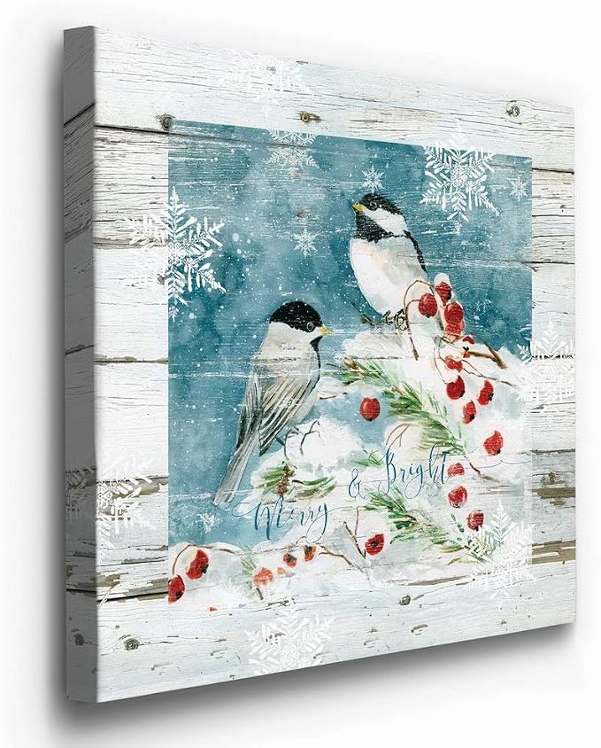 Renditions Gallery Christmas Abstract Wall Art Bright Merry Chickadees on White Snowed Cherry Trees Canvas Hanging Artwork Prints for Bedroom Office Home Kitchen - 10"X10" LT05