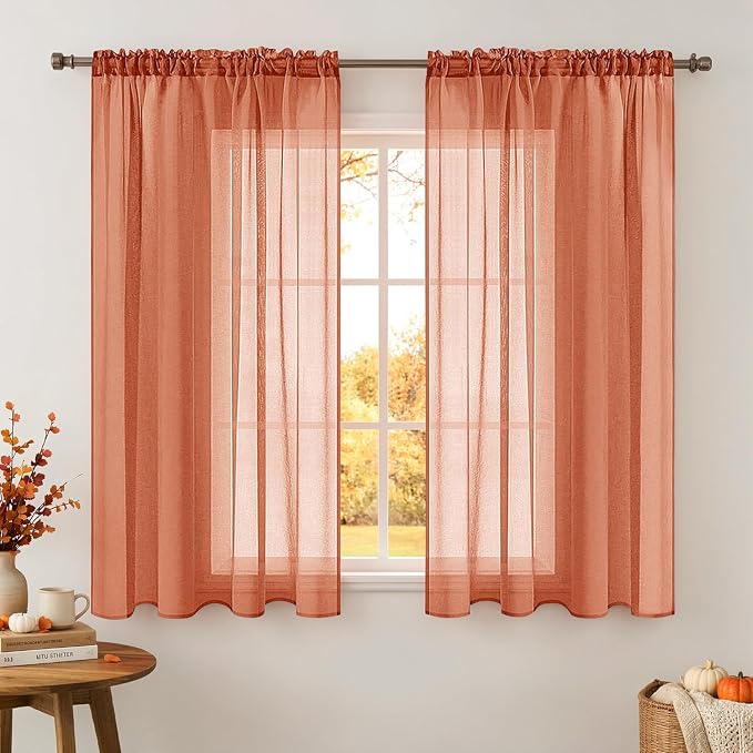 MIULEE Fall Burnt Orange Linen Textured Semi-Sheer Curtains 54W×63L | Semi Transparent, Farmhouse, Window Net Panels with Rod Pocket for Bedroom Living Room