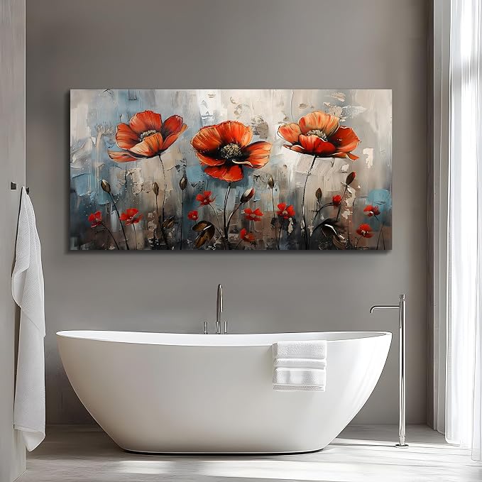 SERIMINO Large Modern Floral Wall Decor, Red Wildflower Artwork 29"X57" | Extra Large Botanical Wall Art, Wildflower Canvas Painting, Living Room Dining Room, Gallery Wrapped, Fade-resistant Inks