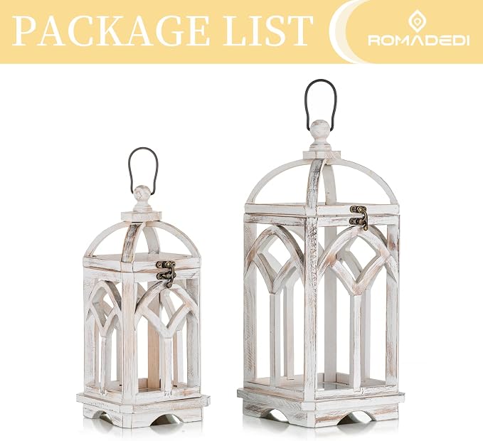 Romadedi Set of 2 Farmhouse Wood Candle Lanterns Decorative, Whitewashed | 12" and 16" Tall Rustic Lantern; Painted by Hand with Distressed White Finish; Indoor/Outdoor Use for Mantel, Table, or Patio