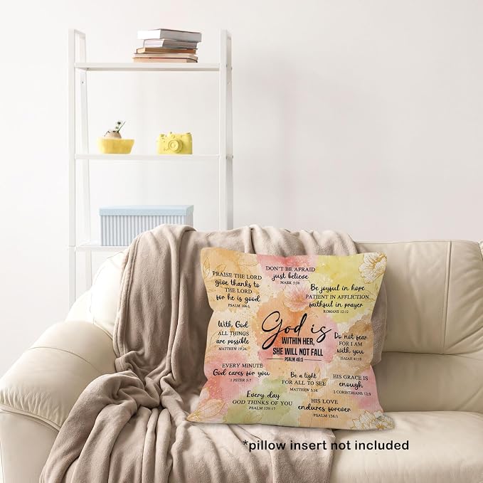 Christian Floral Throw Pillow Cover 18x18, Bible Verse Decor Pillow Cases for Women, God Is Within Her She Will Not Fall Motivational Decorative Square Pillowcases for Home Living Room Bedroom