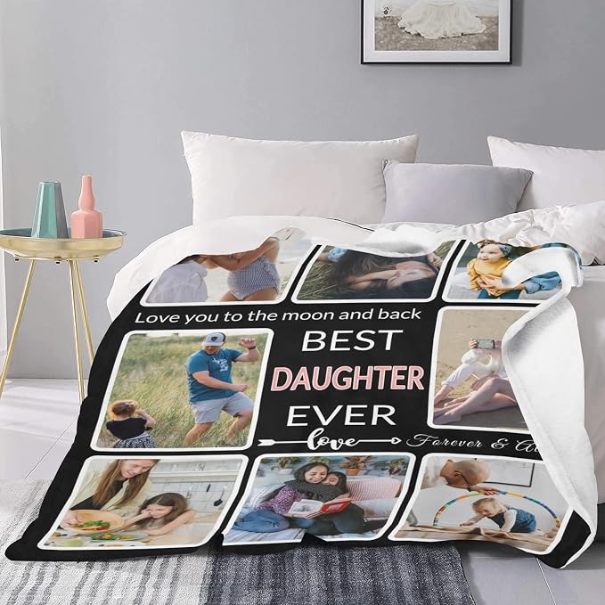 Gifts for Daughter Customized Blanket with Photo, Custom Blanket to My Daughter with Picture, Make a Personalized Memories Souvenir for Best Daughter Ever, 8 Collage Made in USA