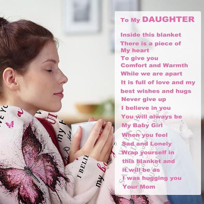 Daughter Blanket from Mom, Daughter Gifts from Mom, Daughters Birthday Gifts, Christmas Birthday Gift for Daughters Adult, Soft Flannel Throw Blanket, Pink Butterfly, 60"x50"