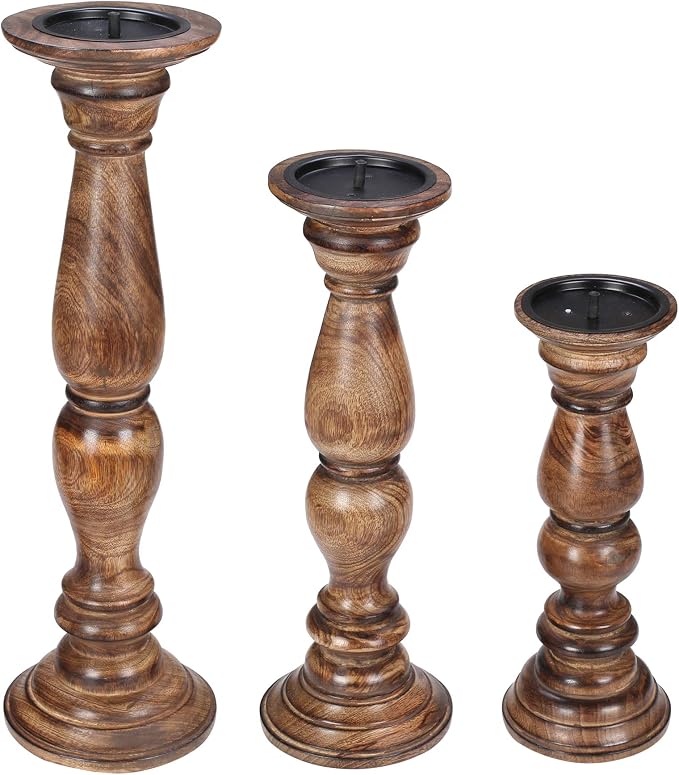 Rustic Candle Holder Set of 3 – 10", 8", 6" – Burnt Finish Wooden Pillar Stands for Wedding, Party, Home Décor, Spa – Country Style Gift for Table Centerpiece