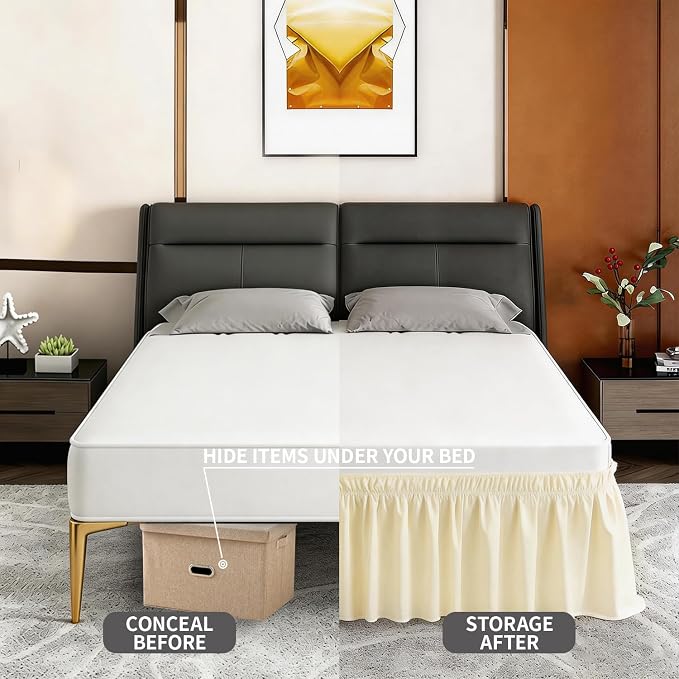 ANARACHON Queen Bed Skirt, Elastic Wrap Around Bed Skirt Queen Size, Bed Skirts for Adjustable Bed, Easy Fit with 14" Drop Length Tailored Drop Dust Ruffle (Light Yellow)