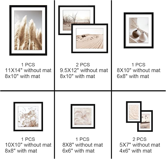 Gallery Wall Frame Set, 8 Pack Black Picture Frames, Large | Collage Pampas Grass Prints Wall Art Decor for Living Room, Entryway, Stairway, Bedroom, Assorted Size