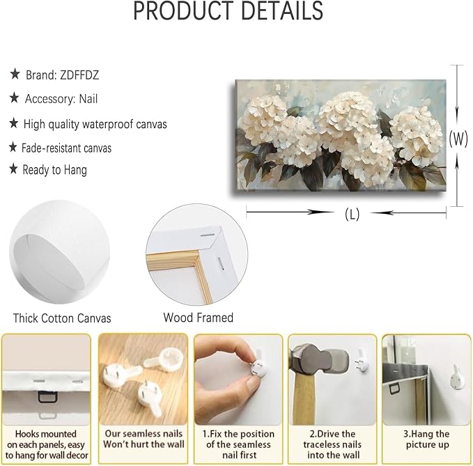 Large Hydrangea Canvas Wall Art 3D Texture White Flower Plant painting Decor Pictures Botanical Floral Posters Prints for Living Room Classroom Bedroom office corridor Decoration