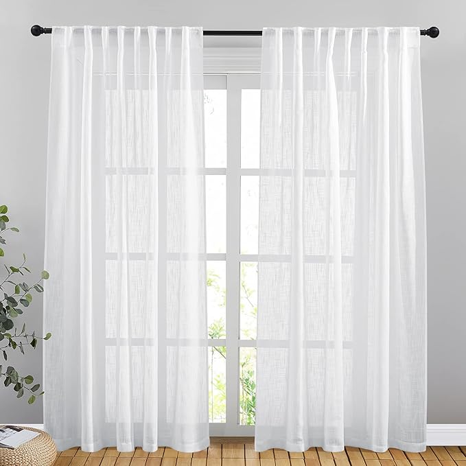 NICETOWN Semi Sheer Curtains 84 inches Length, Rod Pocket & Back Tab Linen Sheer Curtains Window Treatments Privacy with Light Filter for Farmhouse/Home Office, White, 132" Wide Total 2 Pieces