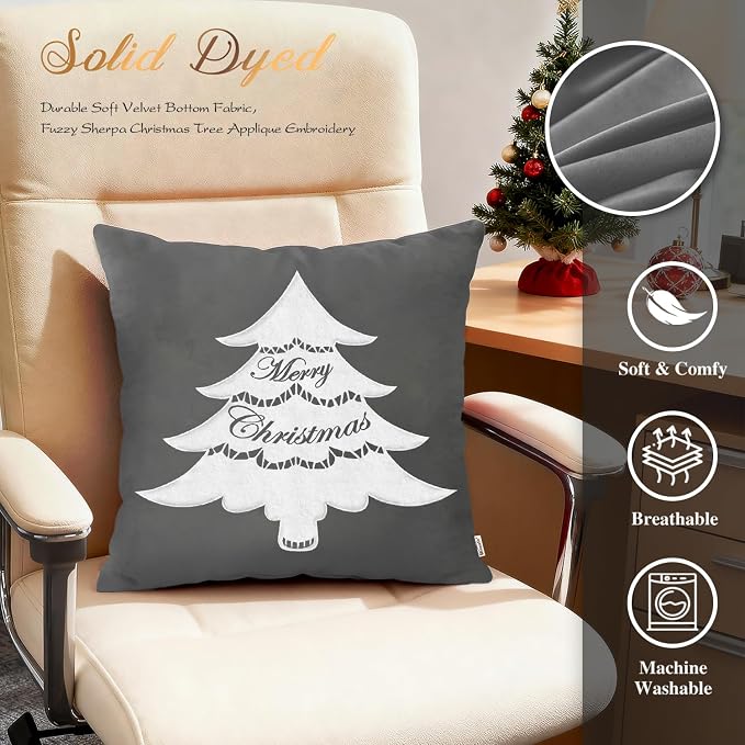 BRAWARM Christmas Pillow Cover 18 X 18 Inches, Gray Christmas Tree Embroidered Pillow Cover, Soft Velvet Decorative Throw Pillow for Couch Bed Sofa Living Room Home