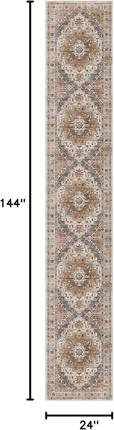 Madane Washable Runner Rugs 2x12 Long for Hallway Kitchen, Turmeric/Grey | Non-Slip Vintage Printed 12ft Rug Runners with Rubber Backing, Thin Low-Pile Floor Carpet Laundry Room Entryway, Corridor