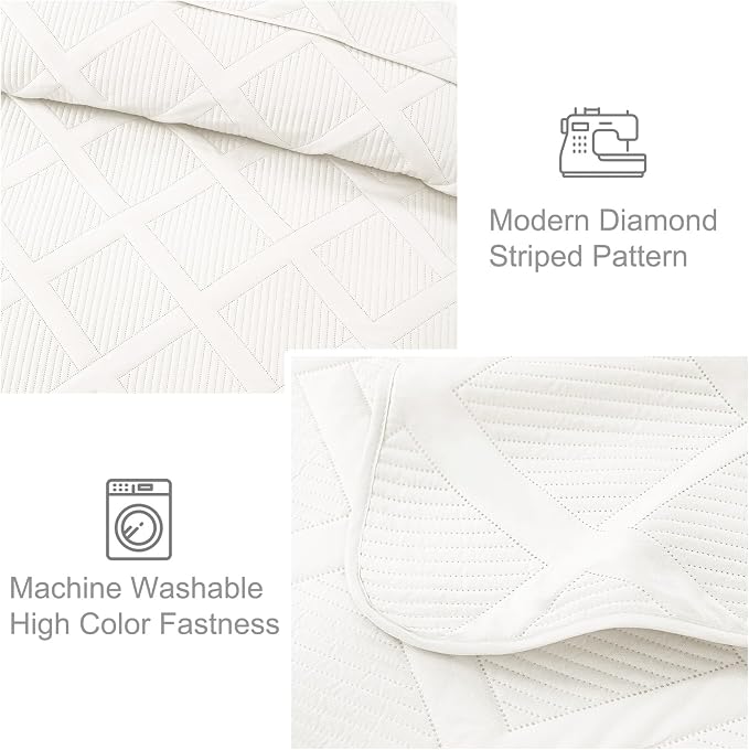 Exclusivo Mezcla California King Size Quilt, White | Soft Bedspreads with 2 Pillow Shams, Modern Striped Pattern, Lightweight Bedding Set Coverlets for All Seasons, 112x104 Inch