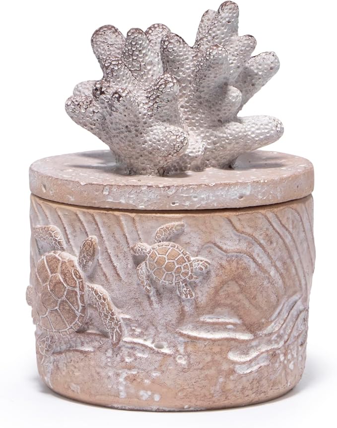 Hodao Ocean Crafts Sea Turtle & Octopus Resin Jewelry Box with Coral Lid - Handmade Organizer for Rings Earrings Necklaces, Blue/White, Ocean-Themed Storage Case Decor Gifts For Women (White-Turtle)