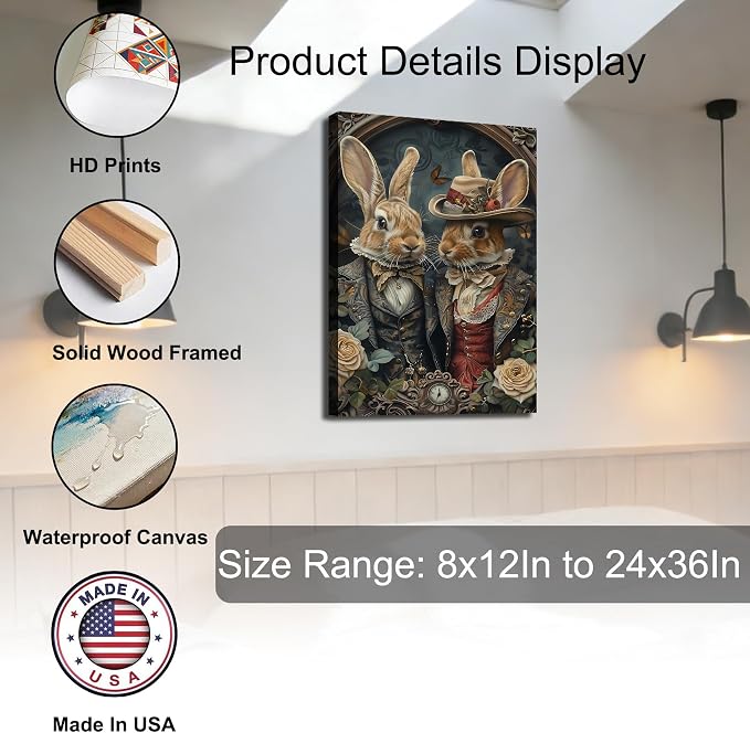 Large Elegant Easter Bunny Canvas Wall Art 24x36, Retro Dress Up Couple Rabbit Pictures Wall Decor Funny Poster Prints for Office Easter Decorations Home Bathroom Bedroom Artwork