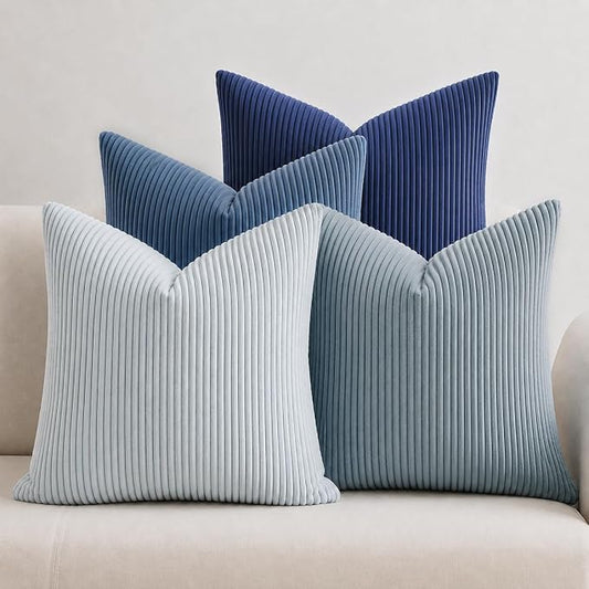 LANANAS Decorative Corduroy Throw Pillow Covers 20x20 Inch Blue Ocean | Set of 4 Neutral Couch Farmhouse Boho Throw Pillows for Living Room, Couch, Bed, Sofa Soft Accent Home Decor