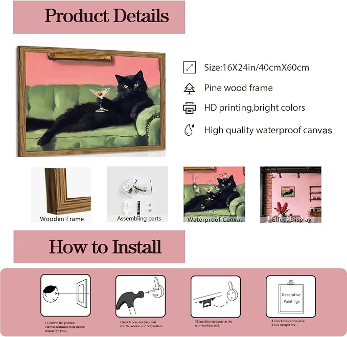 Funny Black Cat Martini Wall Art, Bar Cart Decor, Eclectic Cocktail Painting Canvas Print, Cute Animal Artwork Picture for Bedroom Living Room Kitchen 16x24 inch Wood Framed