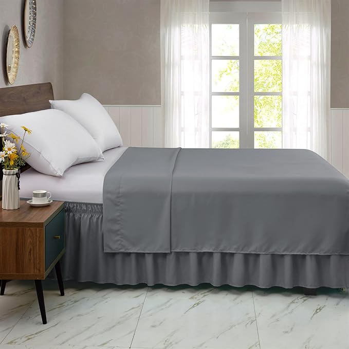 FreshCulture Twin Bed Skirt, Elastic Wrap Around Bed Skirt Twin Bed, Easy Fit with 15-Inch Tailored Drop, Hotel Quality Bed Skirts for Adjustable Bed (Dark Grey)