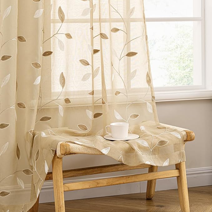 MIULEE Khaki Sheer Curtains 2 Panels Embroidered Leaf Patterned, W52 x L84 | Embroidered Floral Semi Sheer,Rod Pocket,Faux Linen,Short Window Curtains Drapes Set for Kitchen/Bathroom/Cafe