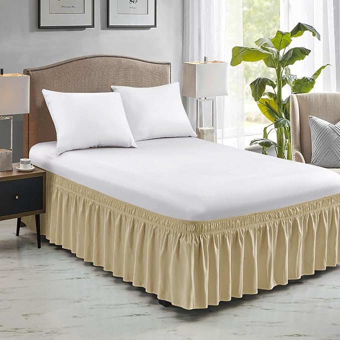 FreshCulture Queen Bed Skirt, Elastic Wrap Around Bed Skirt Queen Size, Bed Skirts for Adjustable Bed, Easy Fit with 22 Inch Drop Length, Hotel Quality Dust Ruffle for Queen Bed (Beige)
